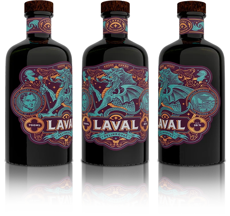 Tri boce Laval Pelinkovca na staklenom stolu s refleksijom i prozirnom pozadinom